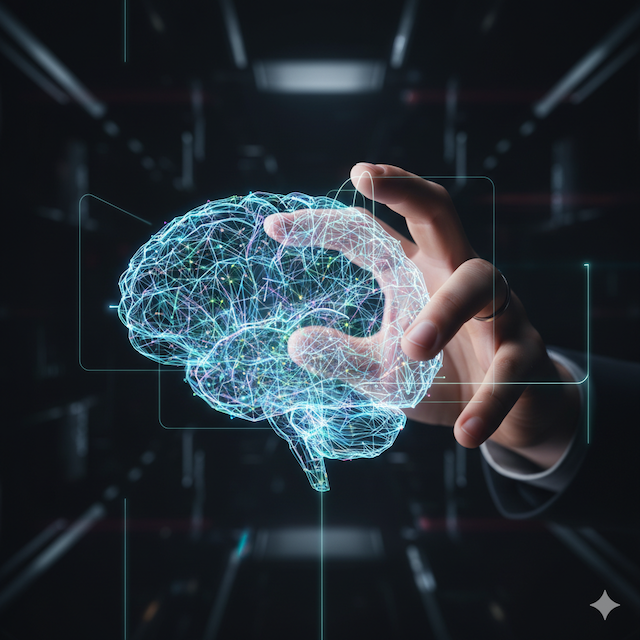 Mano humana interactuando con un holograma de un cerebro IA, representando los nuevos empleos en inteligencia artificial de 2025.