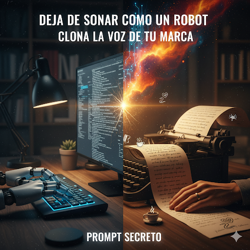 Imagen que contrasta un robot escribiendo contenido genérico con una mano humana creando texto auténtico, simbolizando cómo un prompt secreto ayuda a ChatGPT a clonar la voz de tu marca.
