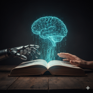 Una mano humana protegiendo un libro antiguo del cual emana código que forma un cerebro de IA, simbolizando la batalla por los derechos de autor.