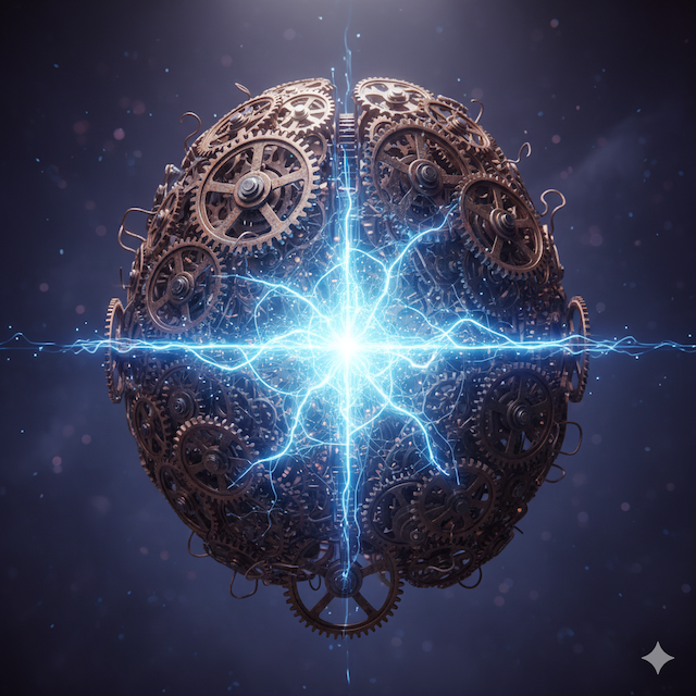 Ilustración conceptual de la IA agéntica, donde una red neuronal luminosa emerge del centro de un cerebro mecánico de engranajes, simbolizando la nueva era de decisiones autónomas.