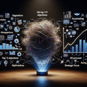 Infografía que muestra a la IA analizando chats de ventas caóticos y transformándolos en un gráfico de datos claro para la planificación estratégica de Q1.