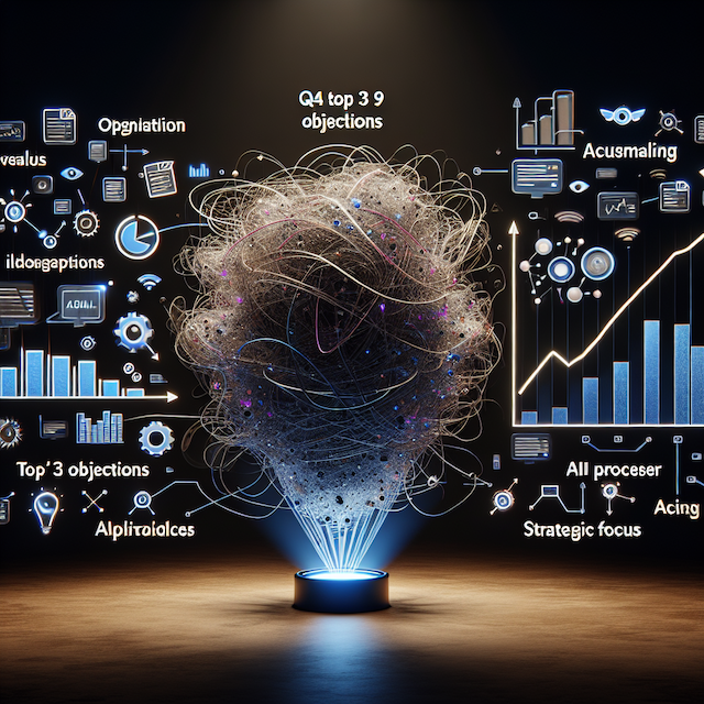 Infografía que muestra a la IA analizando chats de ventas caóticos y transformándolos en un gráfico de datos claro para la planificación estratégica de Q1.