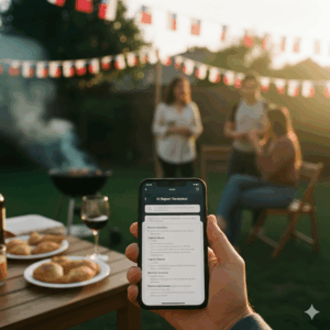Una persona usando un prompt de IA en su smartphone para automatizar un informe de trabajo, con un asado de Fiestas Patrias desenfocado al fondo.