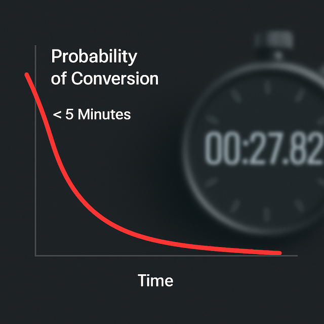Gráfico que muestra la drástica caída en la probabilidad de conversión de leads a medida que aumenta el tiempo de respuesta, destacando la regla de los 5 minutos.