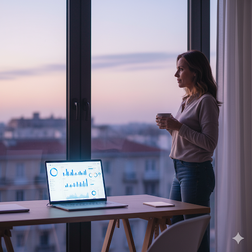 Una empresaria contempla la ciudad al amanecer, tranquila, mientras su Director de Operaciones de IA ya ha organizado el día en su portátil.