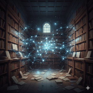 Una ilustración conceptual que representa la muerte del SEO tradicional a causa de Google AI Overview, mostrando una red neuronal de IA extrayendo información de una biblioteca antigua.
