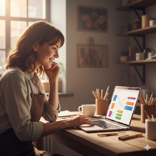 Rosa, una emprendedora, crea un agente de IA de atención al cliente utilizando una plataforma no-code en su portátil.