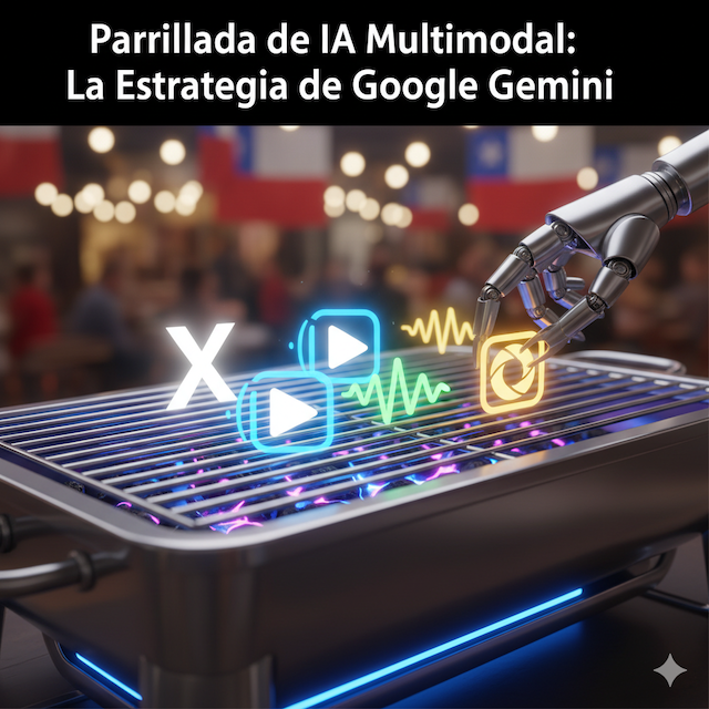 Una parrilla de IA futurista cocinando íconos de datos multimodales (video, texto, imagen) en un ambiente de Fiestas Patrias, simbolizando la estrategia de Google Gemini.