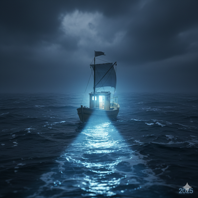 Una PYME, representada como un barco, usando la luz de la inteligencia artificial para encontrar un camino seguro a través de una crisis económica en 2025.