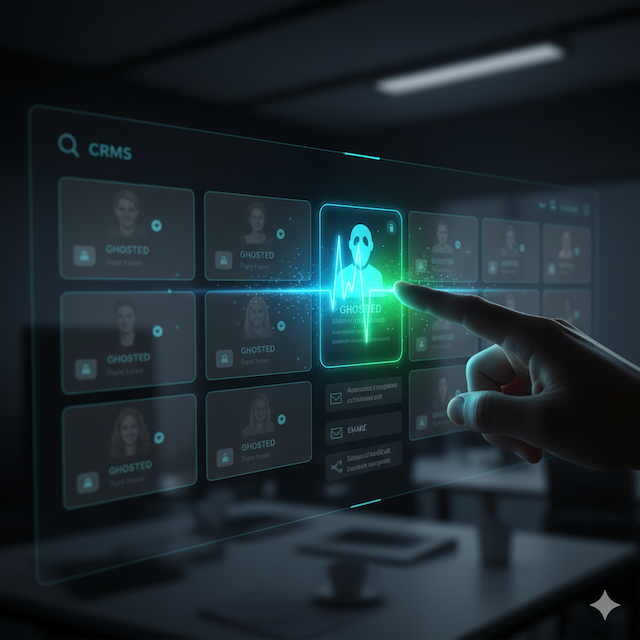 Panel de CRM con un lead 'fantasma' siendo reactivado por una secuencia automatizada de seguimiento, simbolizado por un perfil que vuelve a brillar.