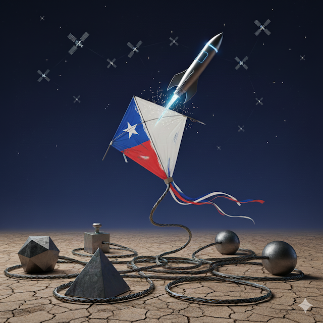 Ilustración conceptual de un volantín chileno (proyecto de IA) con sus hilos enredados por 5 pesos (gaps críticos), mientras una herramienta similar a un cohete de SpaceX corta uno de los hilos para liberarlo.