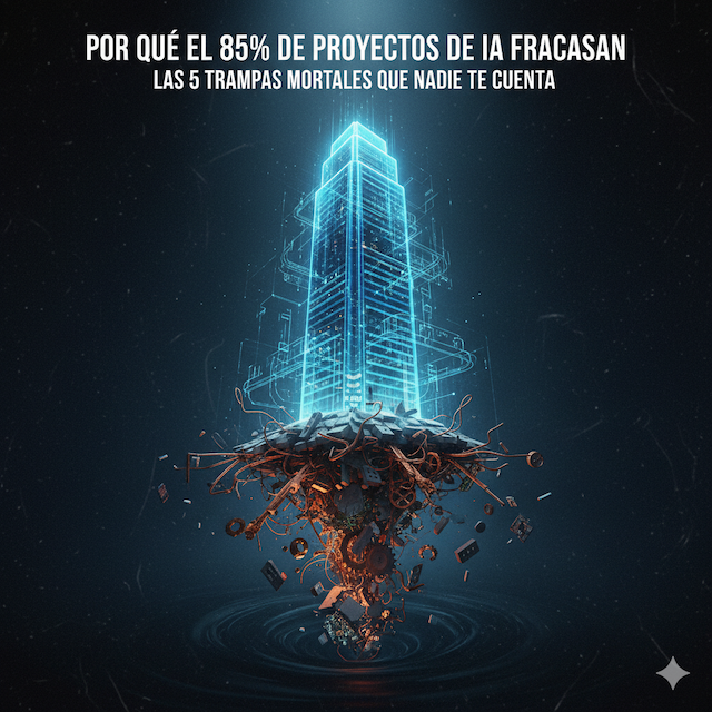 Ilustración conceptual de un plano holográfico de IA brillante con una base de cimientos rota, simbolizando el fracaso de los proyectos de IA.