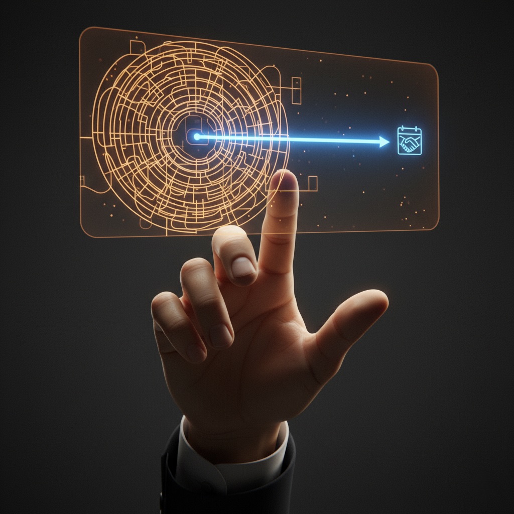 Ilustración de un director de ventas que simplifica un complejo ciclo de ventas en un atajo directo usando un bot de calificación.