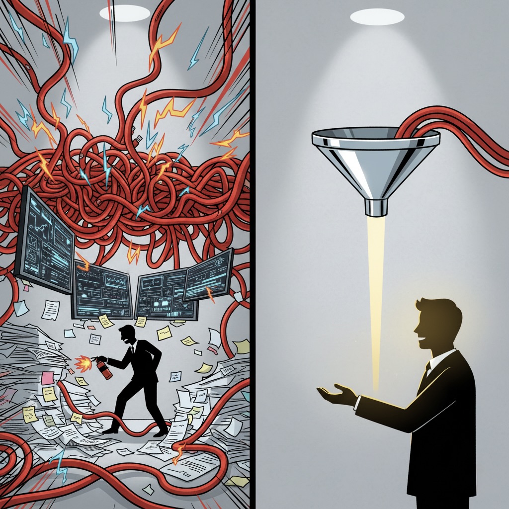 Blueprint de un proceso de calificación de leads automático que transforma el caos de múltiples prospectos en un flujo ordenado de oportunidades de alto valor.