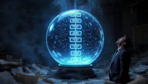 Un ejecutivo mira una Bola 8 Mágica que revela los 5 KPIs de venta conversacional, contrastando la claridad con informes confusos.