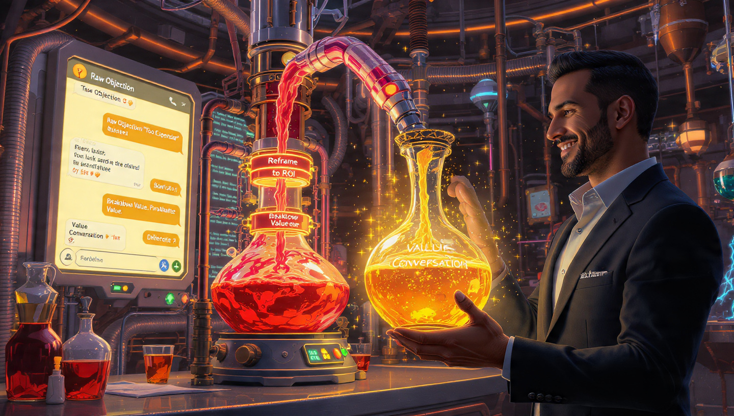 Un agente de IA 'alquimista' transformando objeciones de precio en valor puro y ROI.