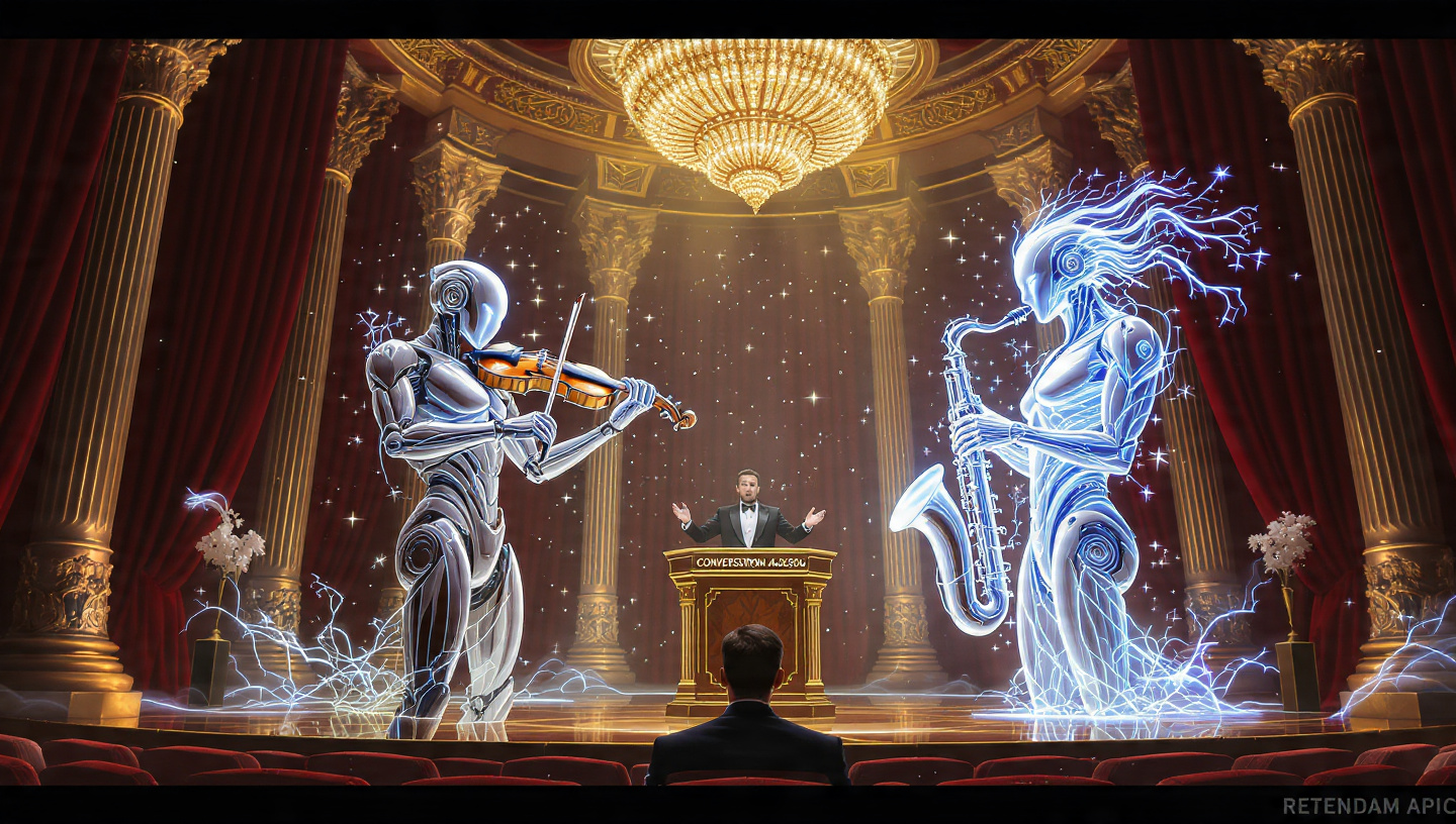 Un Maestro de la Conversación dirigiendo un autómata basado en reglas y una virtuosa de IA generativa en una sinfonía de ventas futurista.
