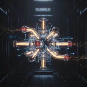 Checklist para una auditoría del proceso de ventas mostrando un motor comercial futurista con fugas de eficiencia siendo reparadas por automatización.