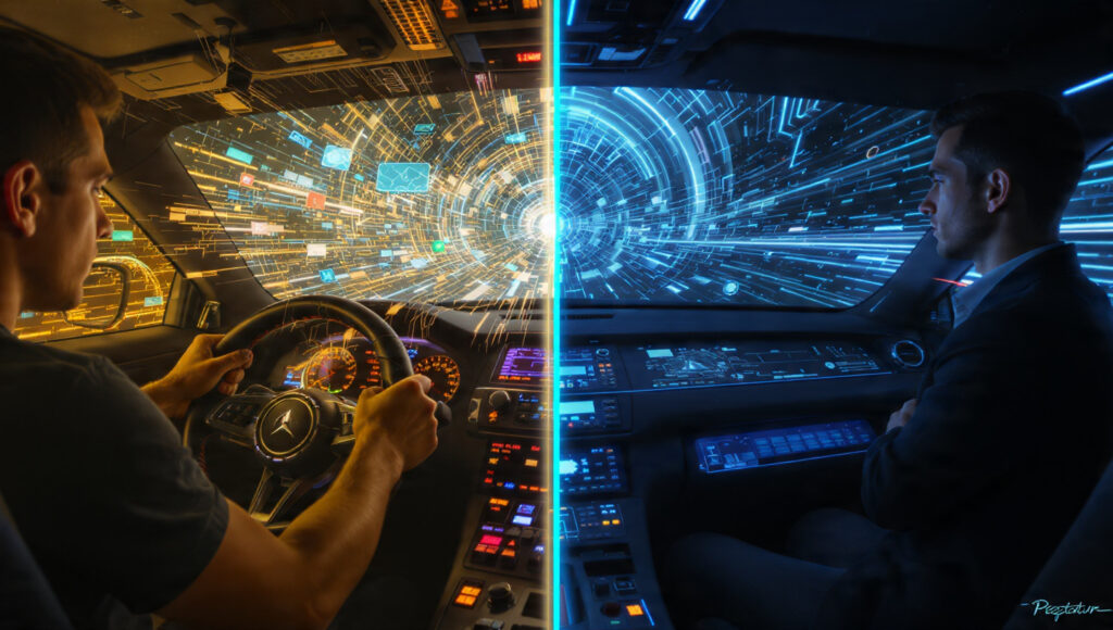 Pantalla dividida mostrando el contraste entre un líder estresado usando un asistente (izquierda) y un líder sereno dirigiendo un agente de IA autónomo (derecha).