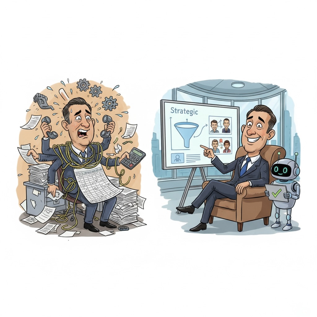 Caricatura de un director de ventas transformándose de un microgerente estresado a un coach estratégico gracias a la automatización.