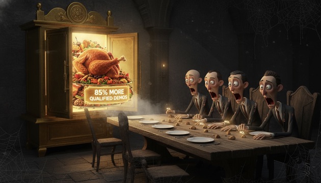 Un equipo de ventas hambriento pasando de migajas (MQLs) a un banquete de '85% Más Demos Calificadas'.