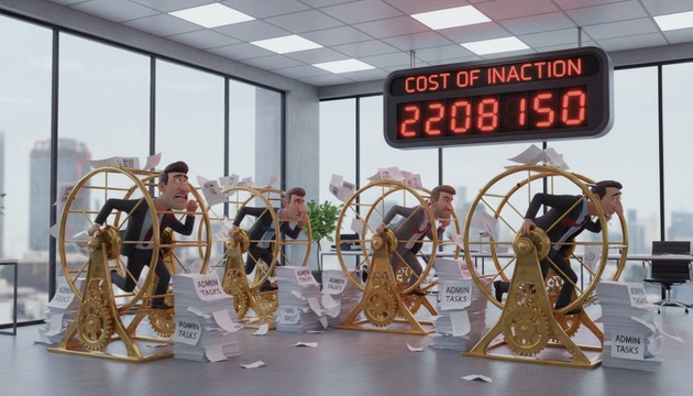Vendedores exhaustos en ruedas de hámster gigantes, rodeados de tareas administrativas, mientras un contador digital muestra el 'Costo de la Inacción' aumentando rápidamente.