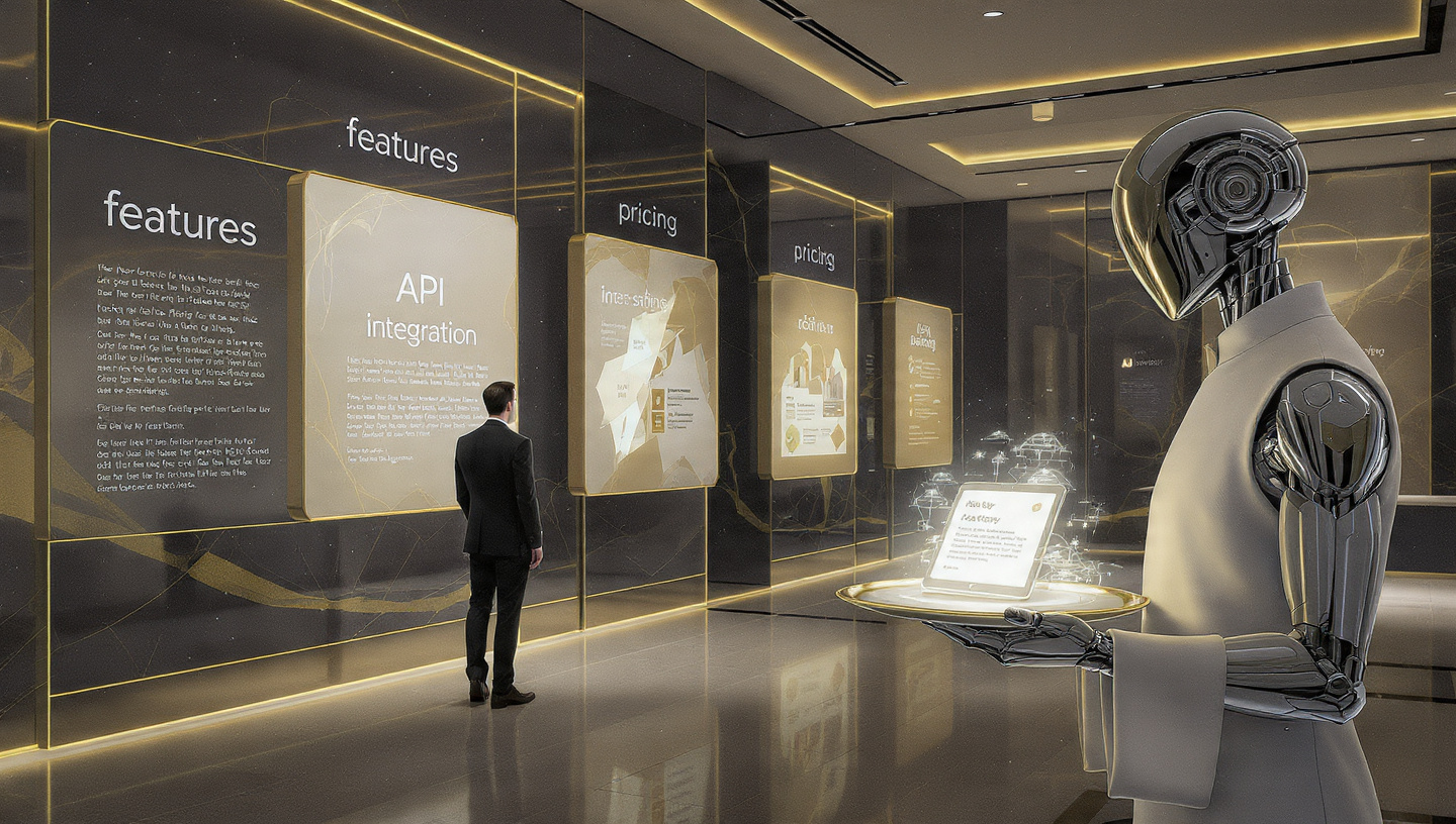 Maître d' de IA proactivo en un lobby de hotel digital, ofreciendo una solución de ventas personalizada a un cliente.