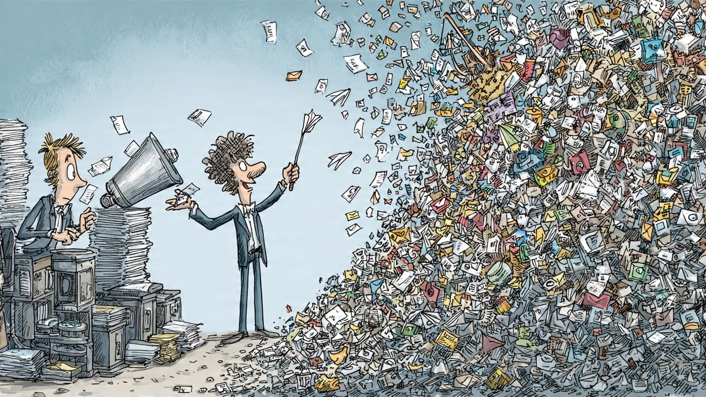 Máquina de Rube Goldberg transformando spam en mensajes de venta únicos y personalizados mediante IA Generativa.