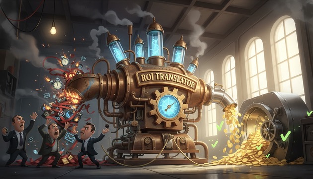 Una máquina steampunk 'Traductor de ROI' convierte el caos de ventas en un flujo de monedas de oro y ganancias para el negocio.