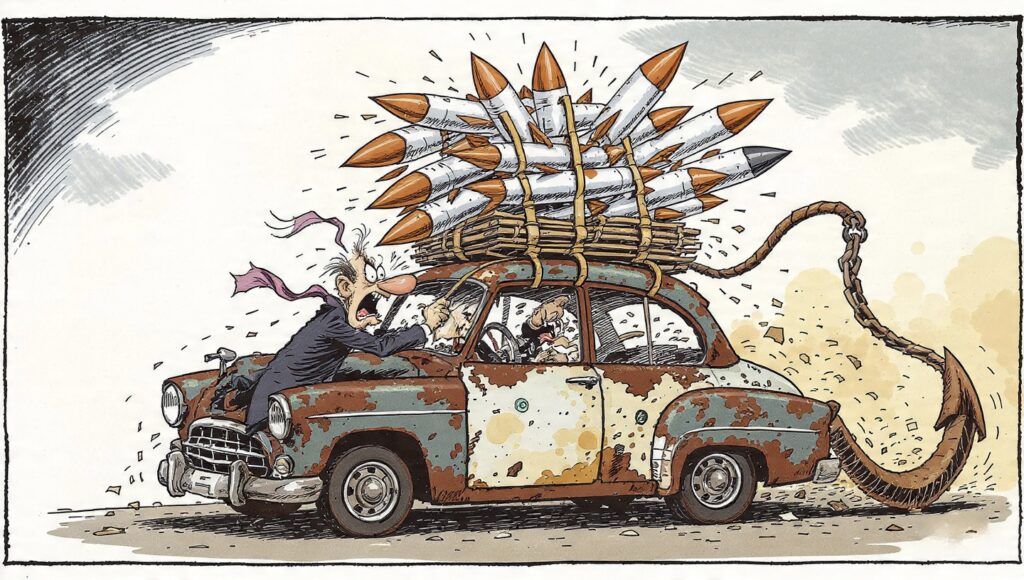 Caricatura de empresario poniendo cohetes a un auto con ruedas cuadradas y un ancla, simbolizando los cuellos de botella en la planificación 2026.