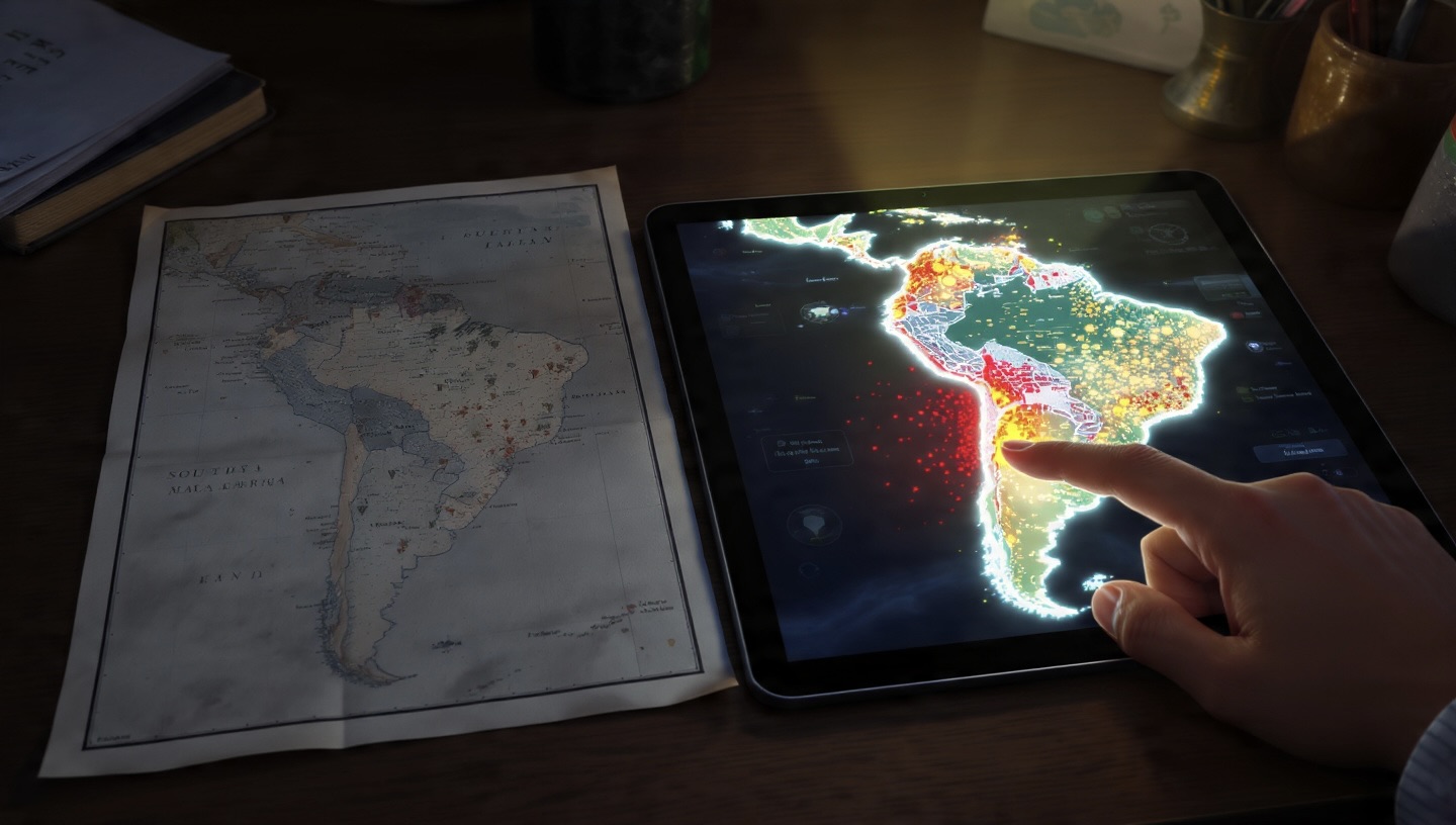 Una estratega de ventas analizando un holograma de data conversacional para la planificación de ventas 2026, comparándolo con un mapa antiguo.