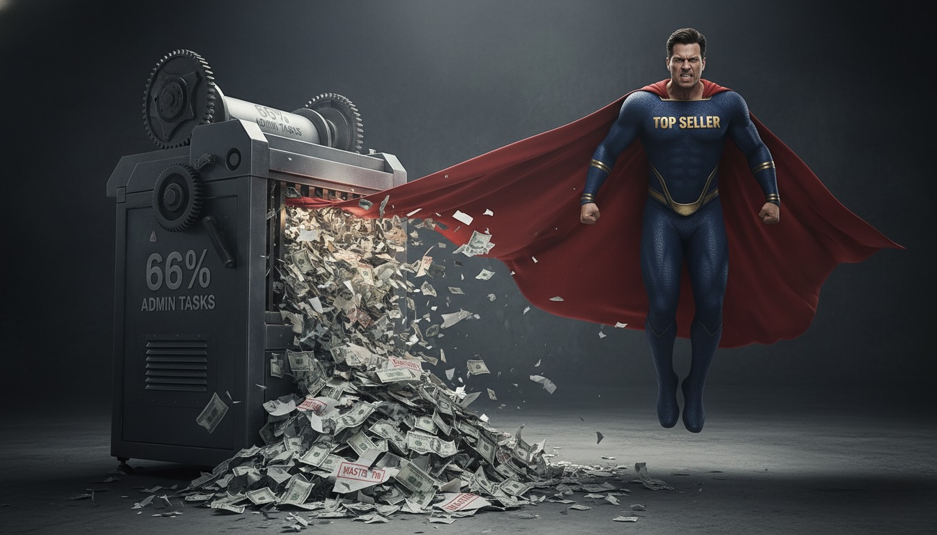 Un superhéroe 'Top Seller' frustrado e incapaz de volar porque su capa está siendo triturada por una máquina de '66% Tareas Admin'.