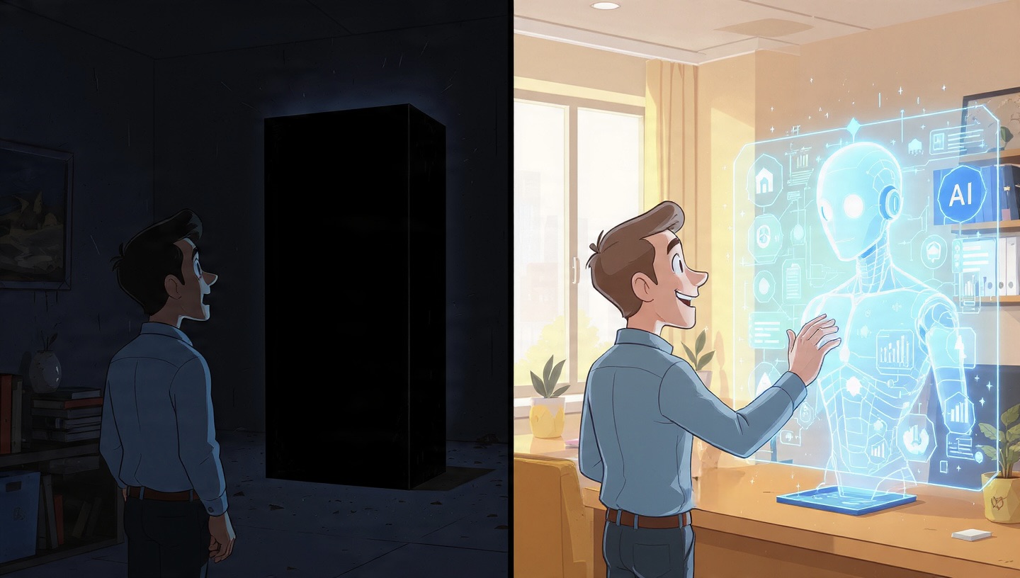 Díptico mostrando la transformación de un vendedor: del miedo a una IA 'caja negra' a la colaboración con una IA 'copiloto' transparente.