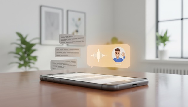 Un chat de venta conversacional en un smartphone mostrando cómo un mensaje de audio y video rompe la monotonía de los mensajes de texto de un bot.